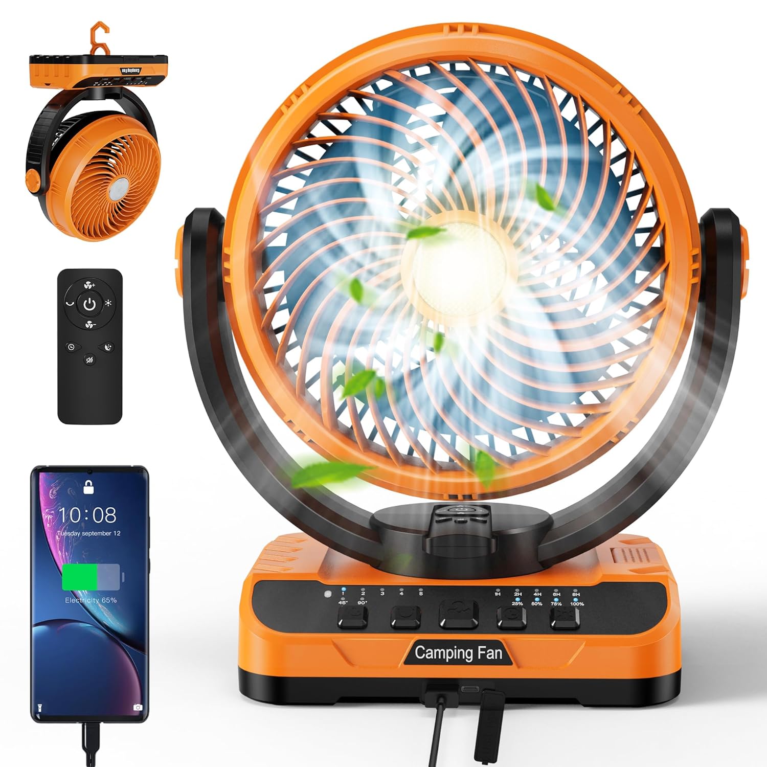 ZepherForce 40,000mAh Rechargeable Camping Fan - Oscillating Fan with LED Light & Remote